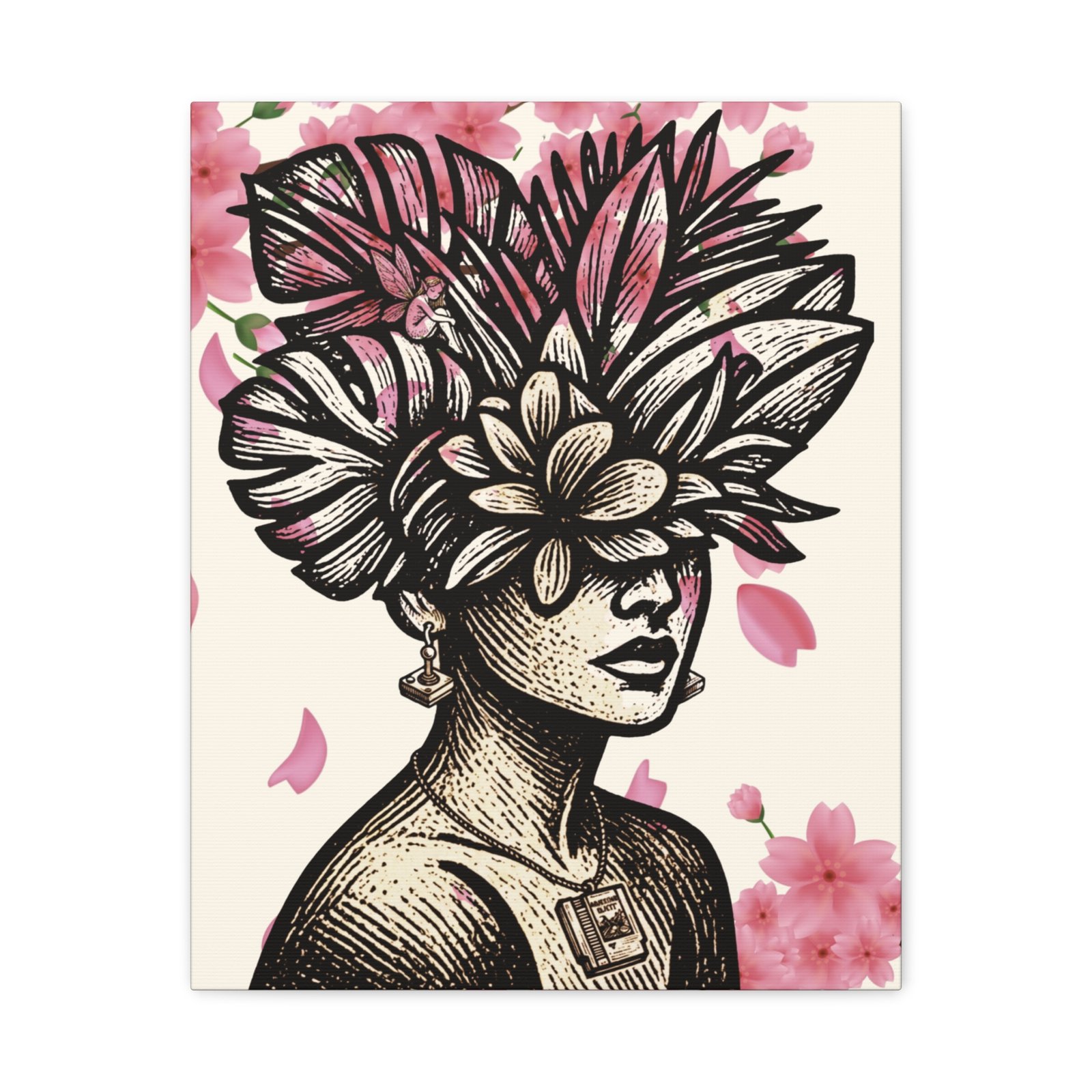 Linocut Sakura Masked Woman Retro Gamer Canvas Wall Art