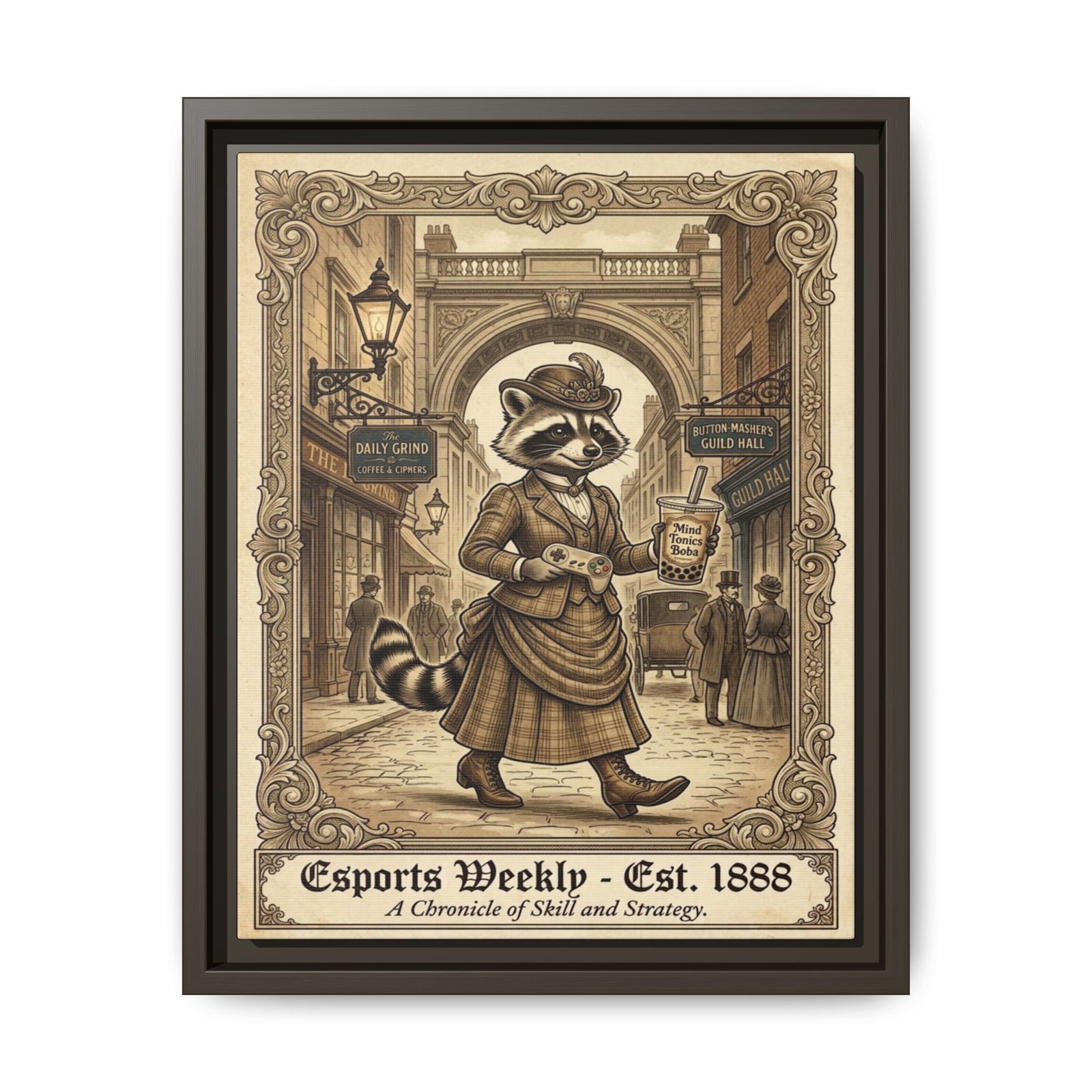 Vintage Raccoon Framed Matte Canvas Wall Art — “Esports Weekly • Est. 1888”