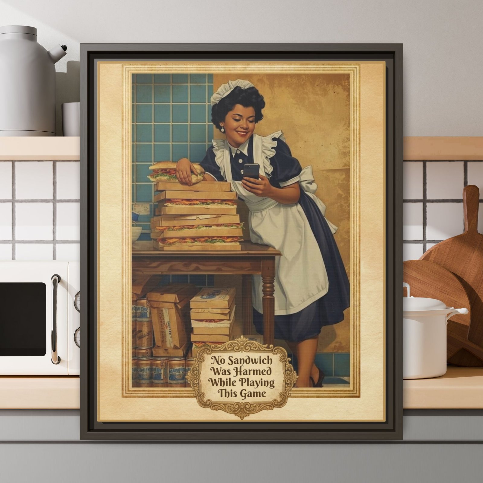 Vintage Kitchen Art Print - "No Sandwich Was Harmed While Playing This Game", Framed Matte Canvas Wall Art