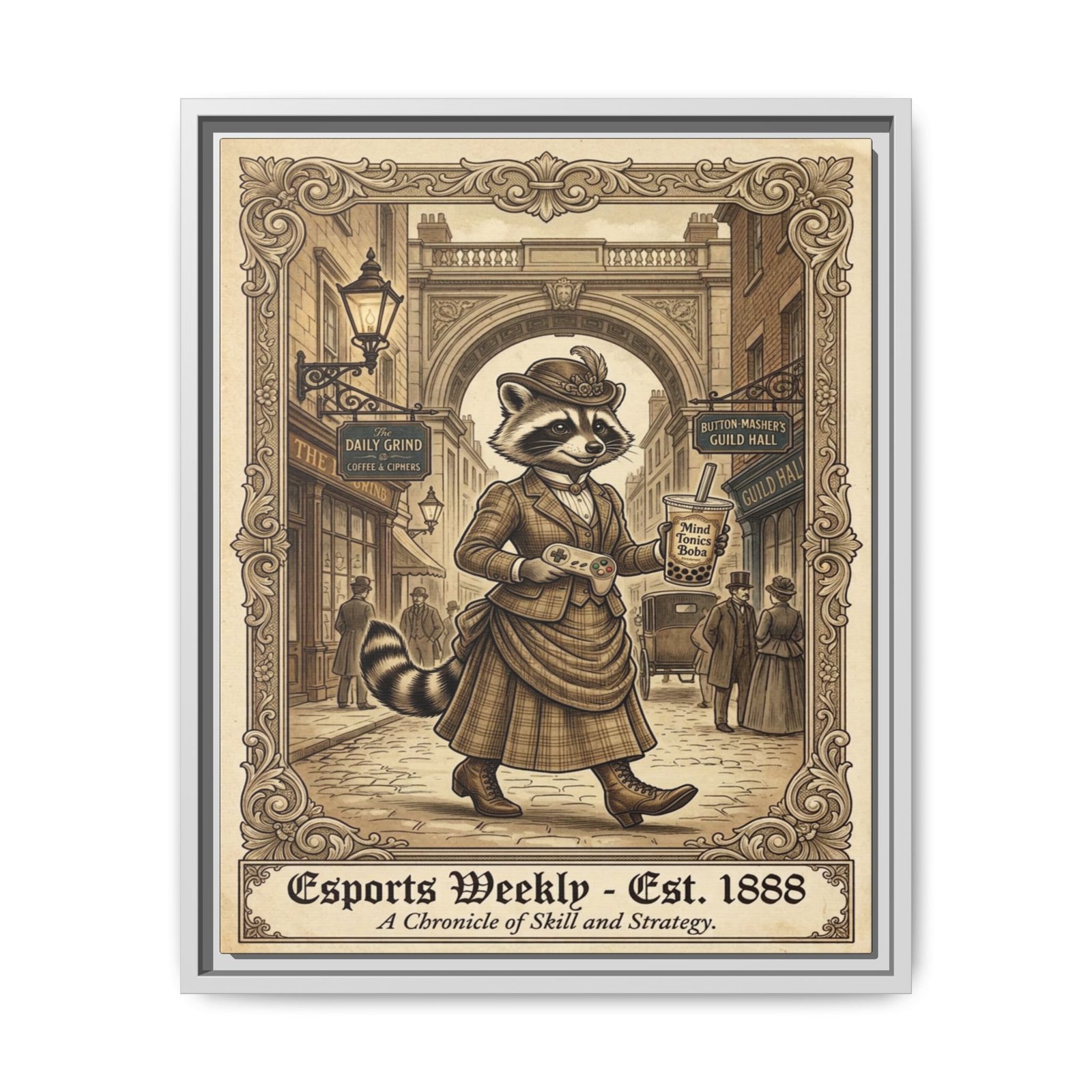 Vintage Raccoon Poster Matte Canvas Framed — “Esports Weekly • Est. 1888” Decorative Wall Art