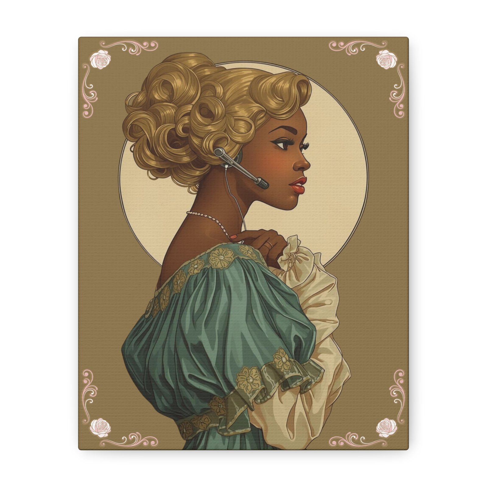 Vintage Portrait Canvas Print — Debutante With Headphones Dark Skin, Elegant Woman in Regency Dress Wall Art
