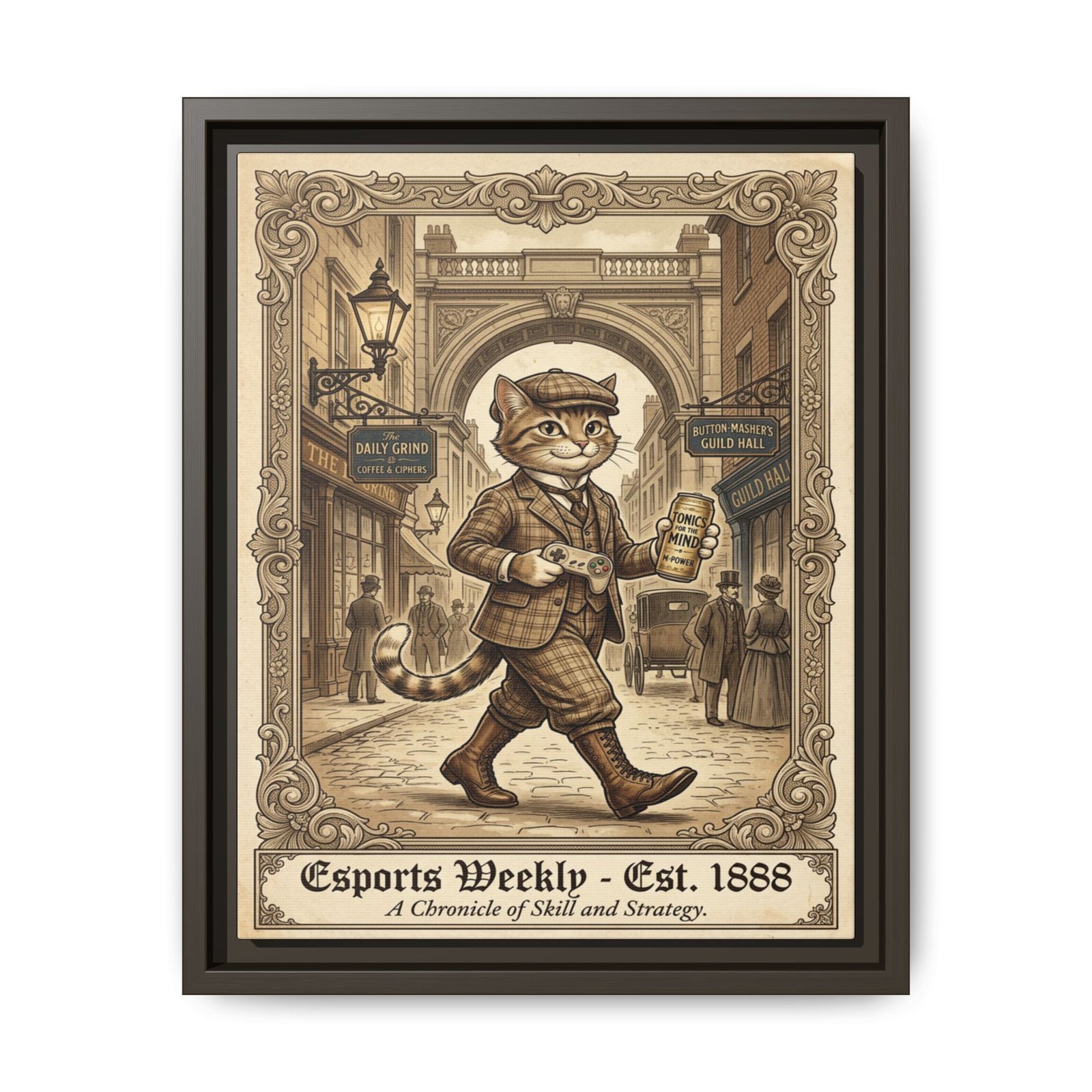 Vintage Cat Matte Canvas — “Esports Weekly - Est. 1888” Framed Wall Art