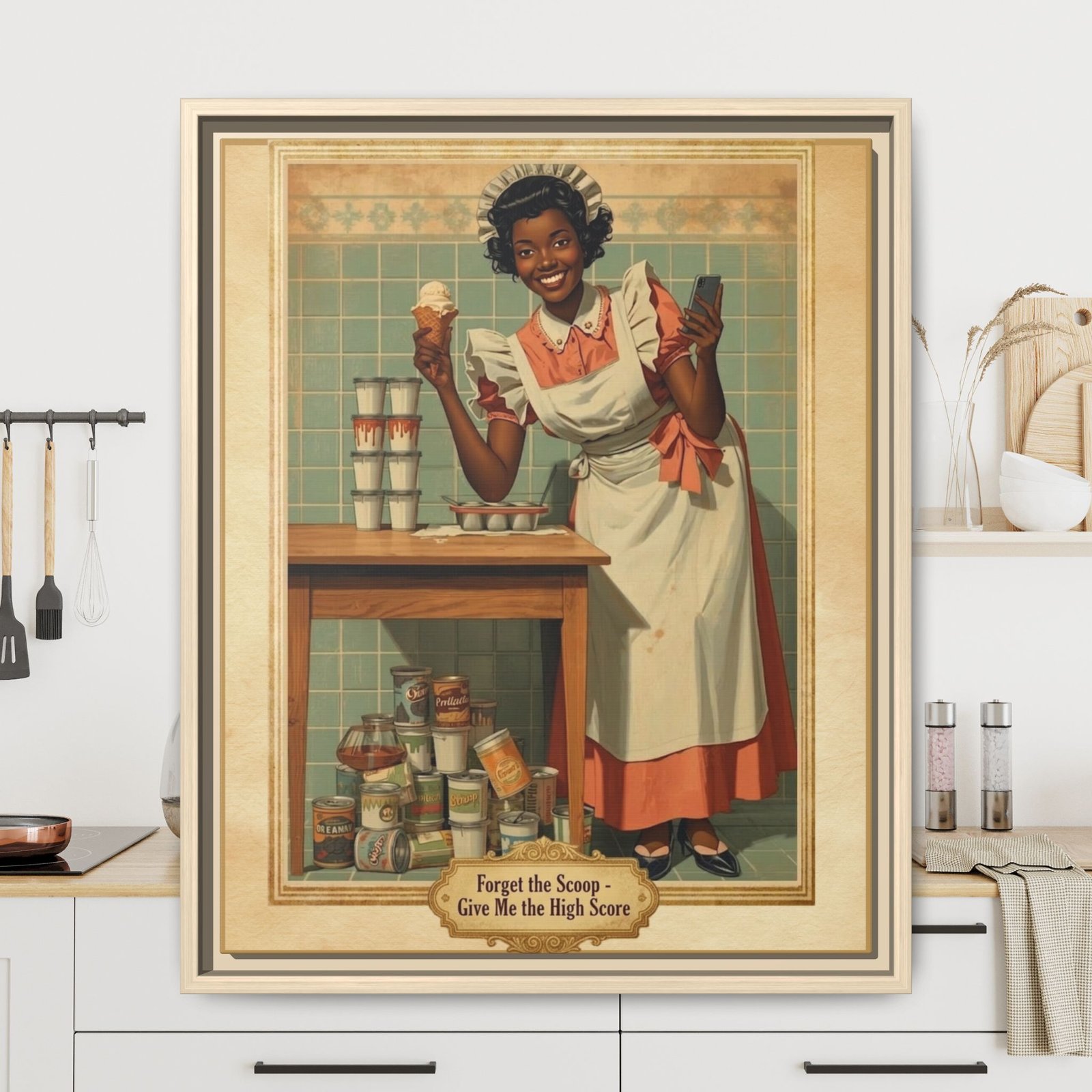 Retro Kitchen Canvas Print - “Forget the Scoop Give Me the High Score” Vintage Framed Wall Art