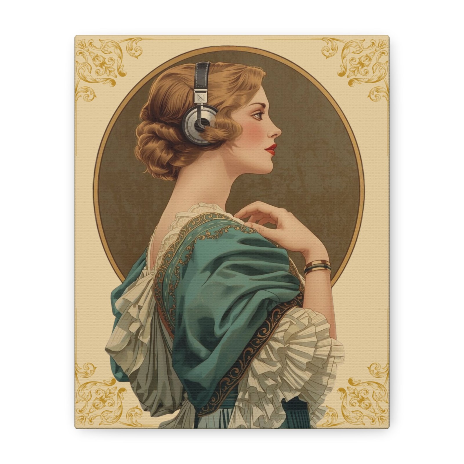 Vintage Portrait Canvas Wall Art — Debutante with Headphones Matte Stretched 1.25"
