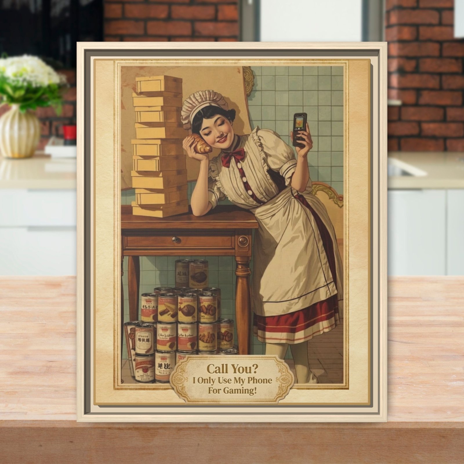Framed Vintage Kitchen Print — "Call You? I Only Use My Phone for Gaming", Gamer Wall Art, Stretched Canvas