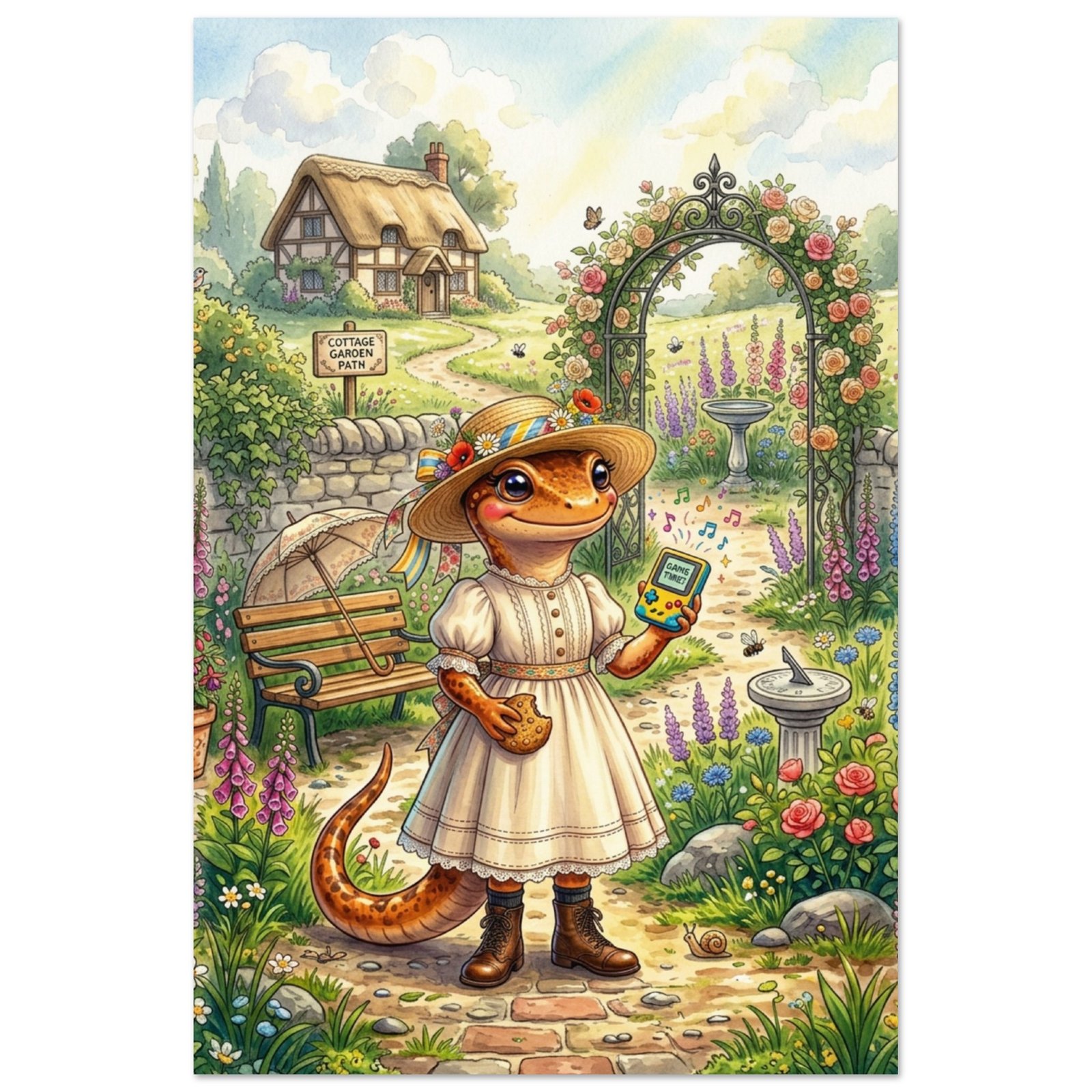 Whimsical Summer Fantasy Art Print — Gaming Salamander in Cottage Garden