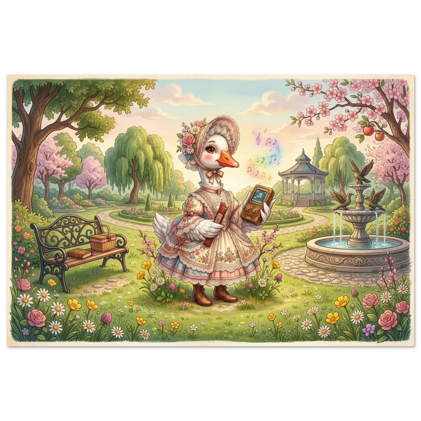 Whimsical Spring Garden Fantasy Fine Art Poster — Gaming Goose in Victorian Dress