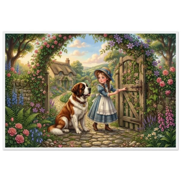"Secret Gate" Girl and Saint Bernard at Cottage Garden Gate — Vintage Storybook Fine Art Poster