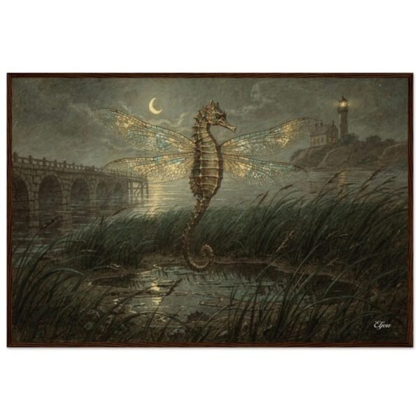 Seahorse Dragonfly Art Print, Victorian Steampunk Wall Decor, 19th Century Style Etching, Whimsical Mythical Creature, Framed Art