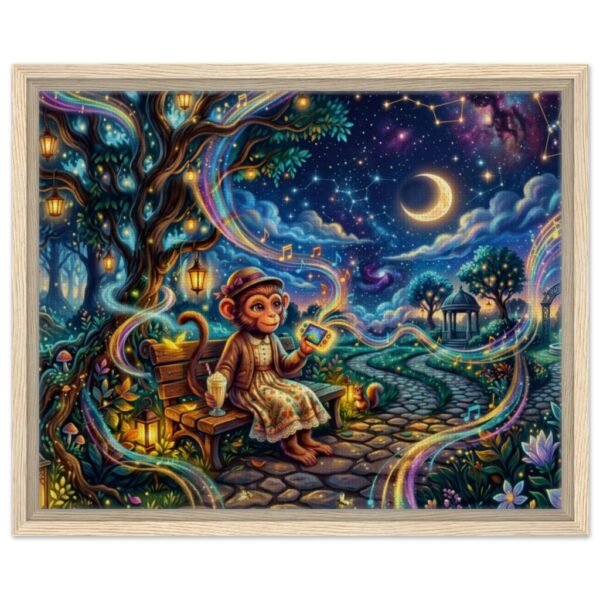 "Nanny Eleanor" Female Monkey Gamer under Moonlit Sky — Whimsical Nightwalk Framed Canvas Print