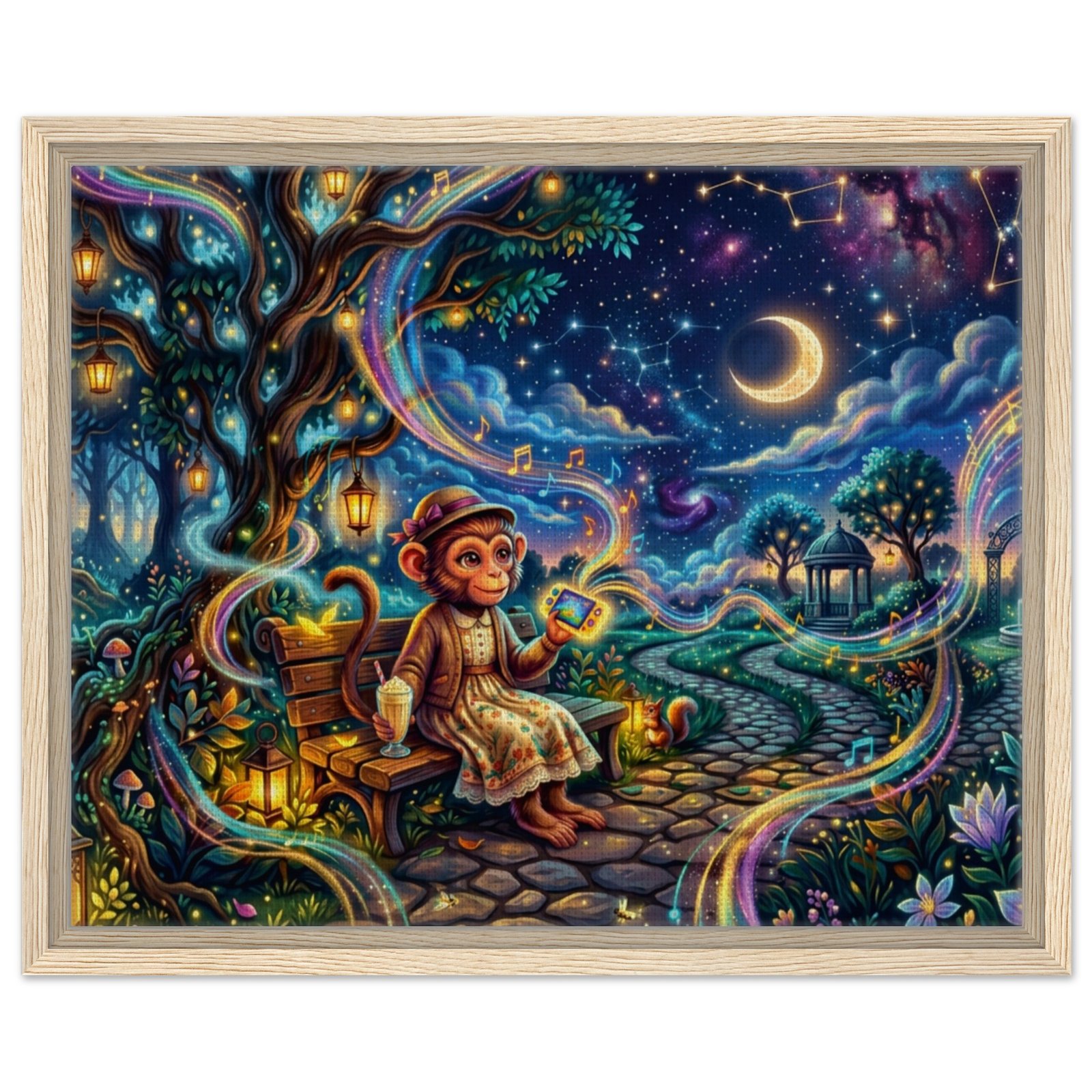 "Nanny Eleanor" Female Monkey Gamer under Moonlit Sky — Whimsical Nightwalk Framed Canvas Print