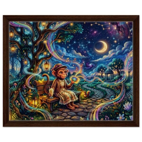Whimsical Nightwalk Canvas Print — Female Monkey Gamer on Bench under Moonlit Sky