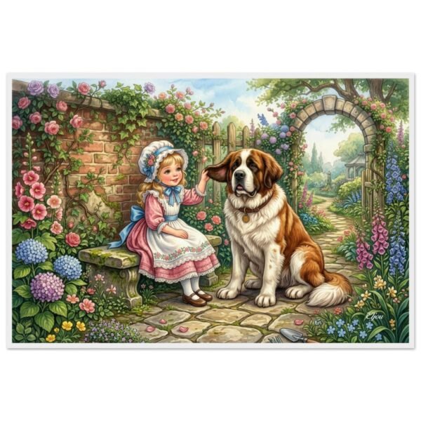 "Lend Me Your Ear" Girl and Saint Bernard Resting in Walled Garden — Vintage Illustrated Fine Art Poster