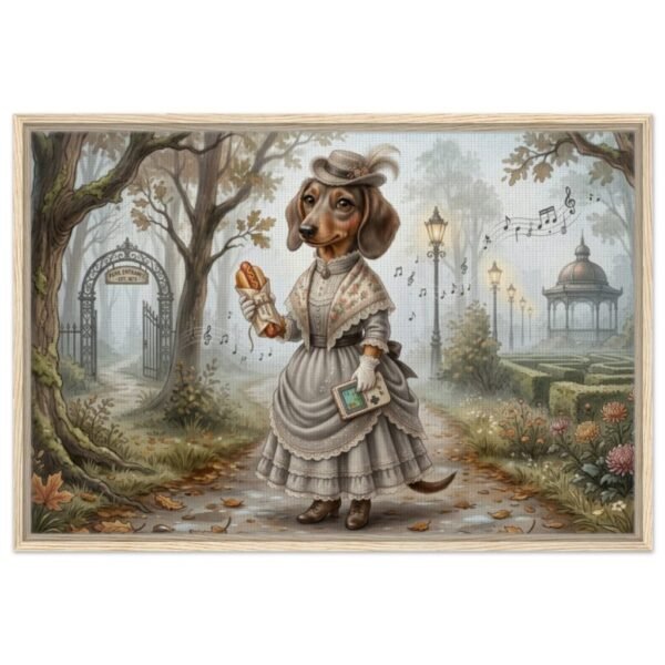 Whimsical Fantasy Wall Art — Gaming Dachshund Lady in Victorian Dress with Hot Dog