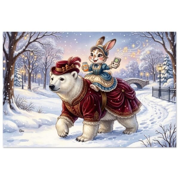 Whimsical Winter Snow Fantasy Fine Art Poster — Gaming Rabbit & Polar Bear in Victorian Dress