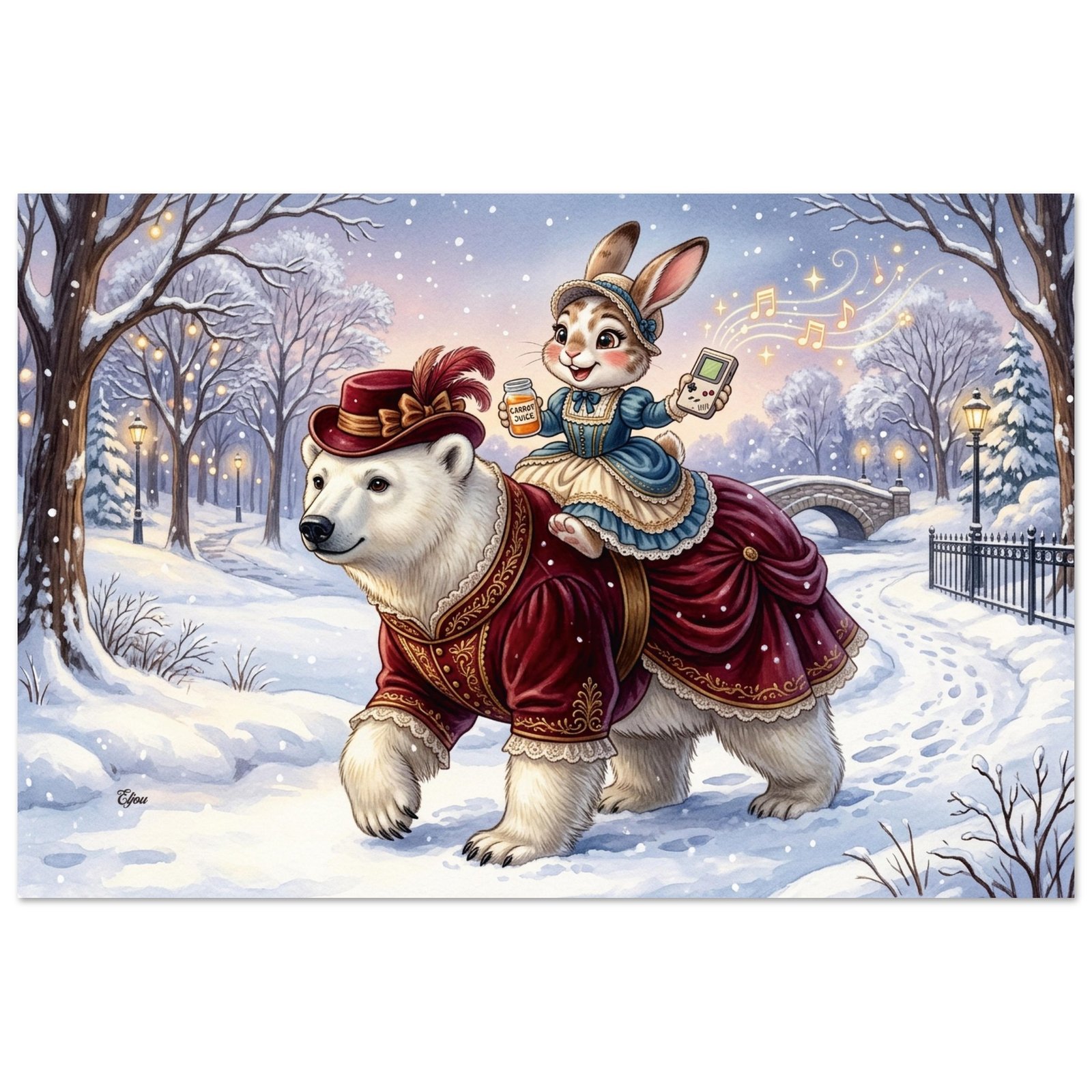 Whimsical Winter Snow Fantasy Fine Art Poster — Gaming Rabbit & Polar Bear in Victorian Dress