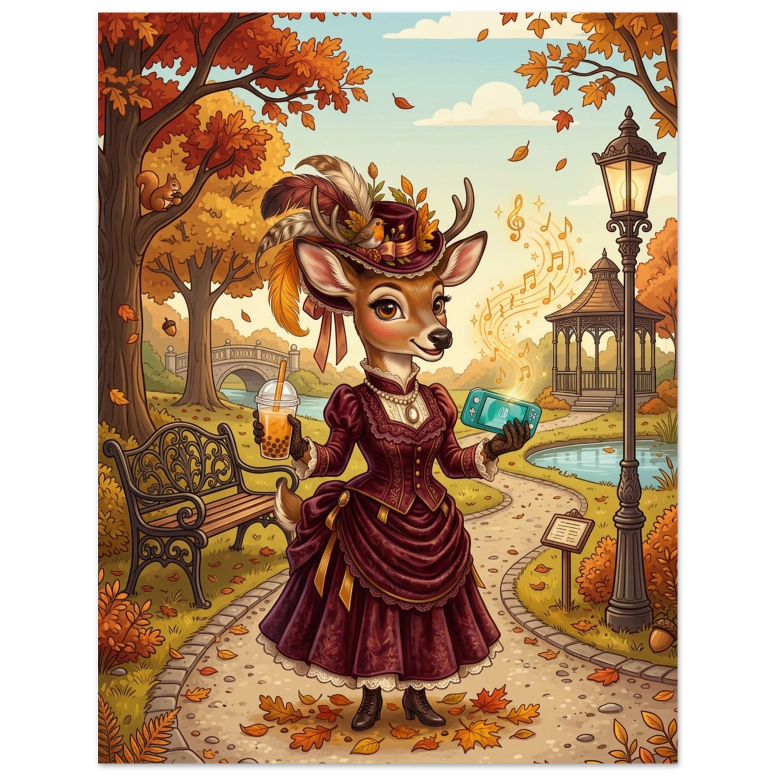 Whimsical Autumn Fantasy Art Print — Gaming Deer in Victorian Dress with Bubble Tea