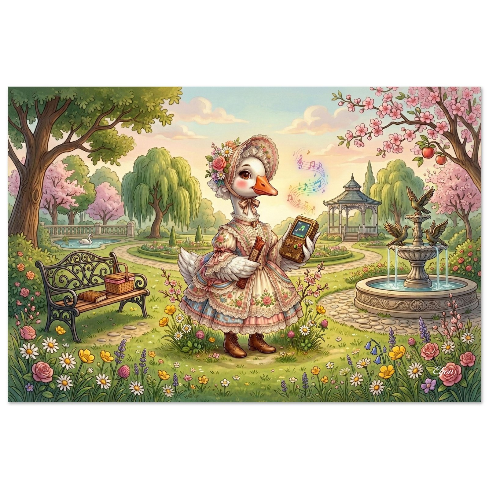 "Lucy McGoosey" Gaming Goose in Victorian Dress — Whimsical Spring Garden Fantasy Fine Art Poster