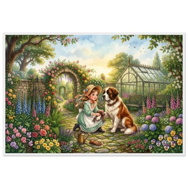 "Her Ribbon - His Paw" Girl Tying Plaid Ribbon on Saint Bernard's Paw — Charming Vintage Garden Fine Art Poster