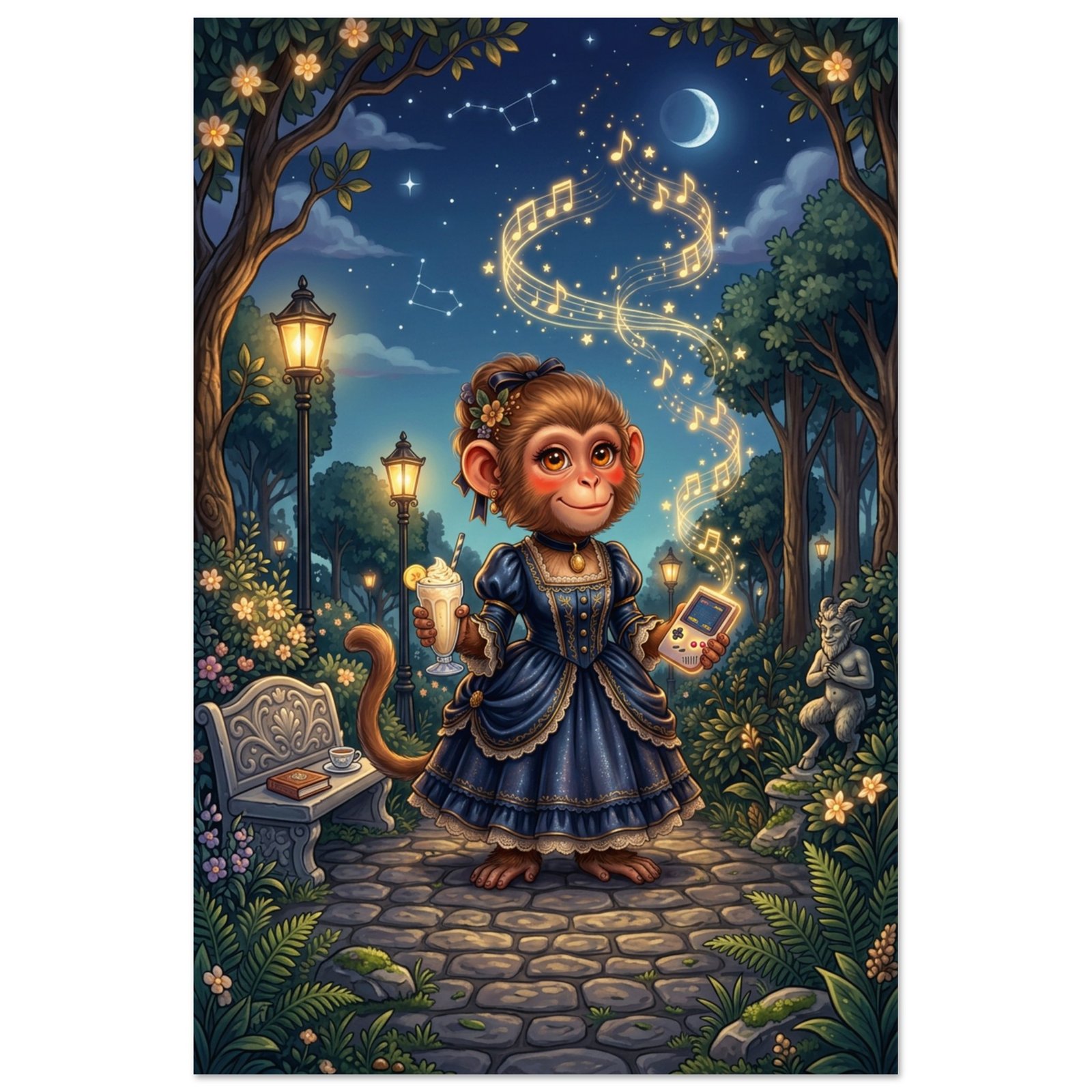 Whimsical Moonlit Garden Fantasy Fine Art Poster — Gaming Monkey in Victorian Dress with Banana Milkshake