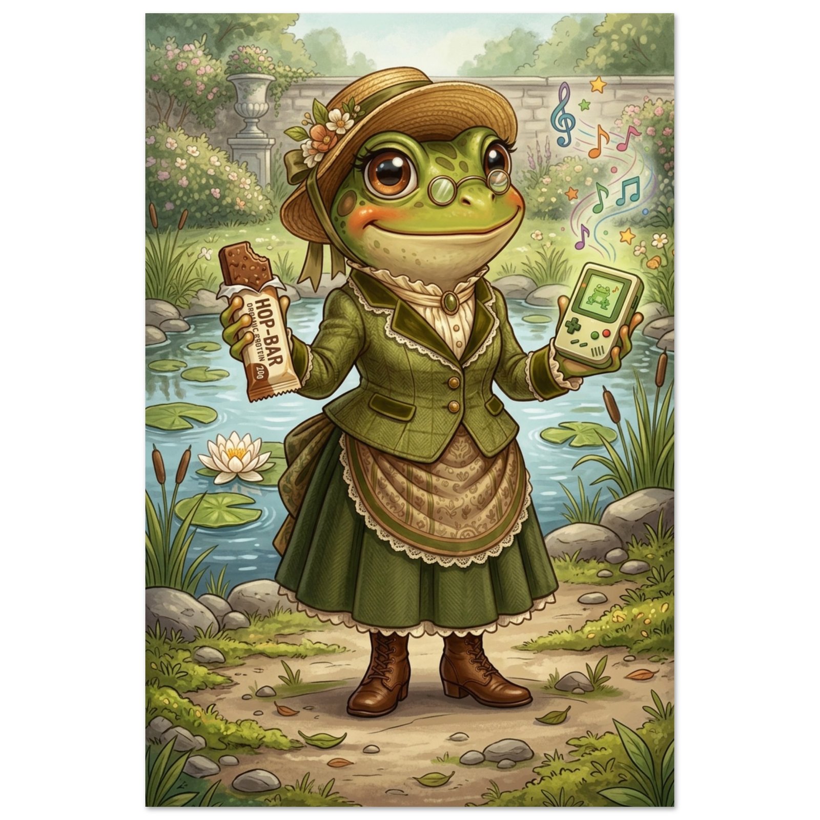 Whimsical Botanical Garden Fantasy Art Print — Gaming Frog in Victorian Dress with Protein Bar