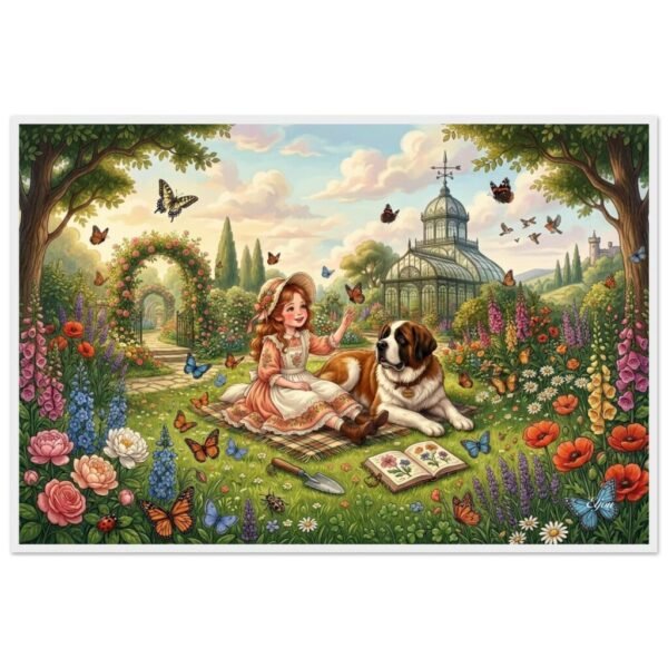 "Butterflies Are Free" Girl and Saint Bernard Barney in Butterfly Garden — Vintage Fine Art Poster Print